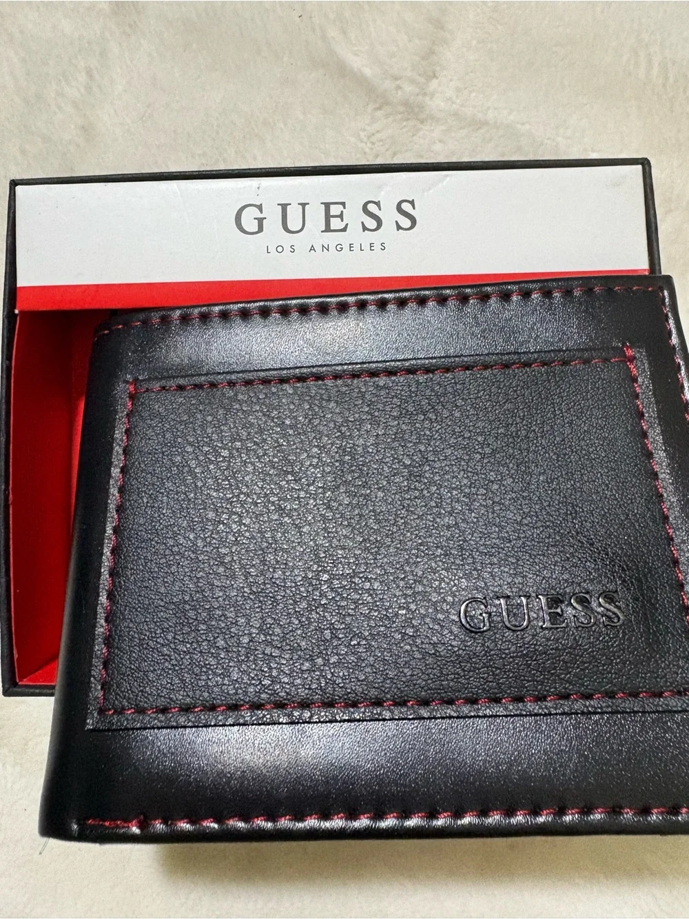 GUESS Black Leather Men's Wallet with Red Stitch Accents